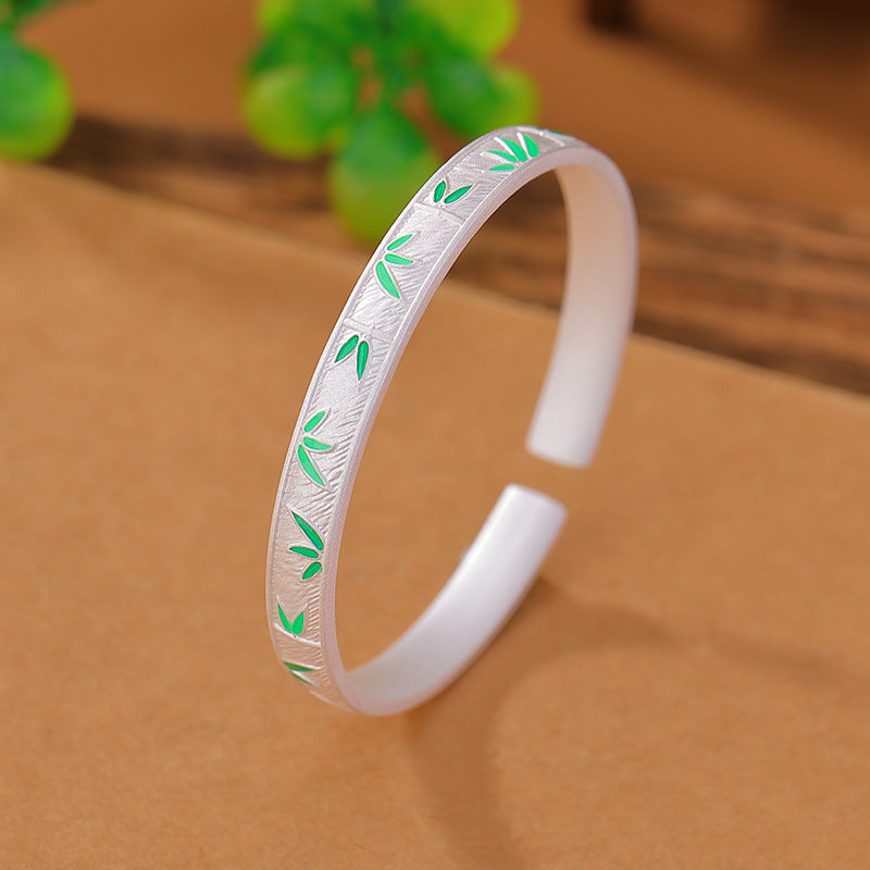 999.9 Pure Silver Ancient Silver Bamboo Leaf Enamel Bracelet