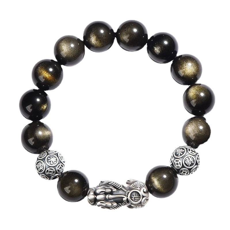 S999 sterling silver Pixiu natural obsidian bracelet