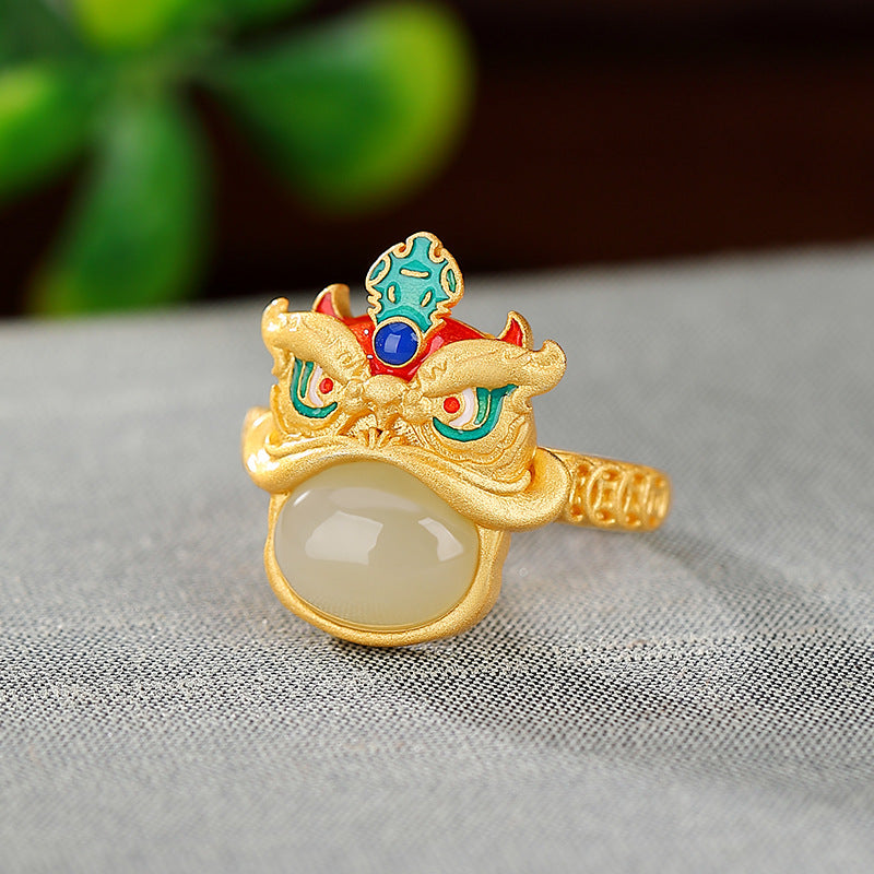 S925 sterling silver natural Hetian jade lion ring