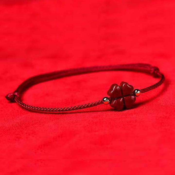 Natural Cinnabar Four Leaf Clover Blessing Red String Bracelet Anklet