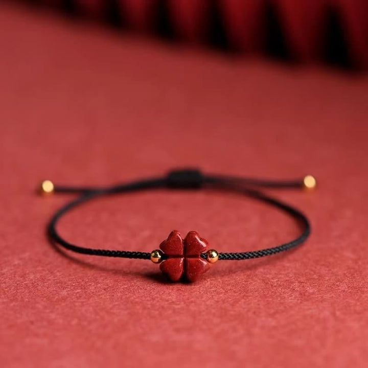 Natural Cinnabar Four Leaf Clover Blessing Red String Bracelet Anklet