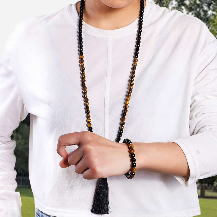 Tibetan Black Onyx Tiger Eye Protection Necklace Mala Set