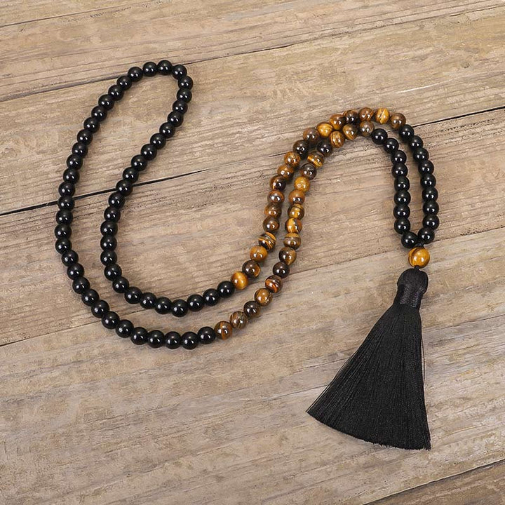 Tibetan Black Onyx Tiger Eye Protection Necklace Mala Set