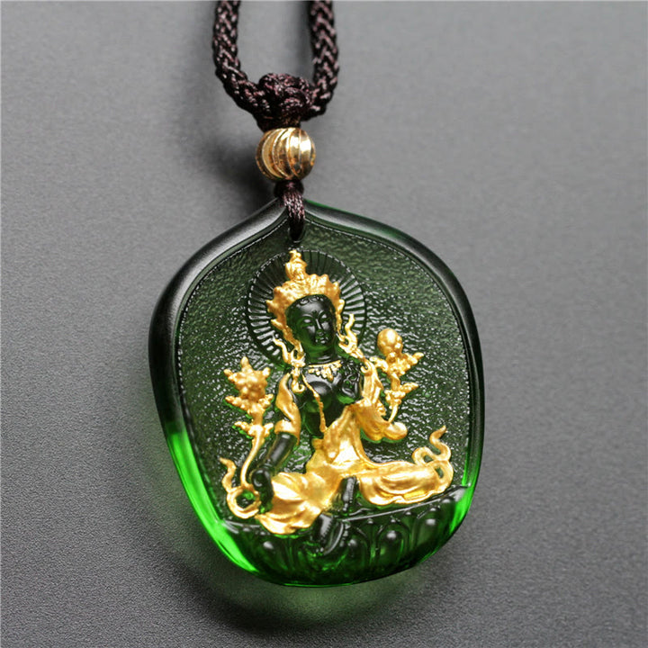 Tibetan Green Tara Buddha Gold Plated Liuli Crystal Protection Necklace Pendant