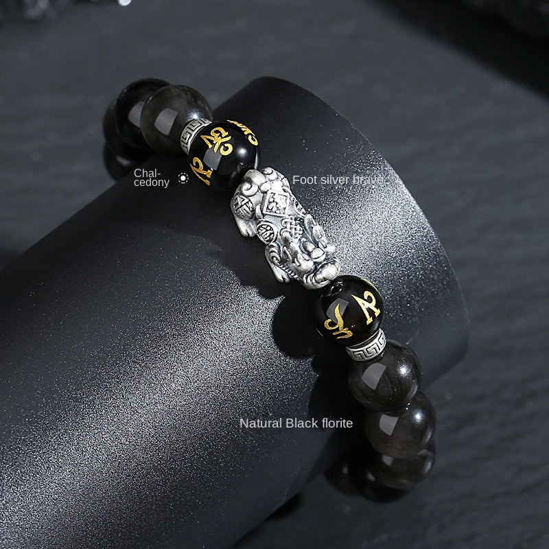 999 Pure Silver Natural Obsidian Bracelet Pixiu