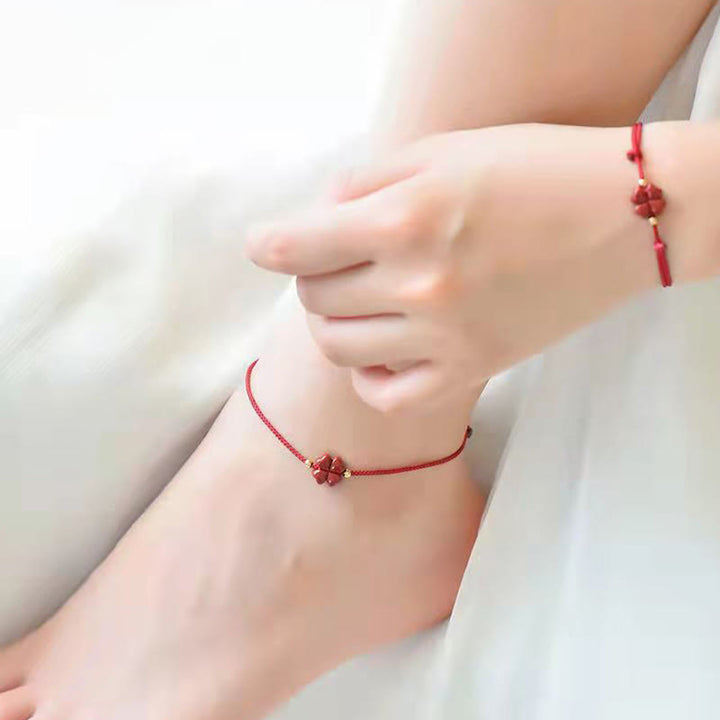 Natural Cinnabar Four Leaf Clover Blessing Red String Bracelet Anklet