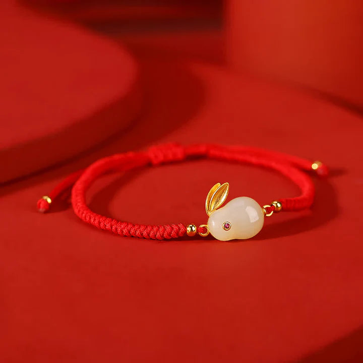 925 Sterling Silver Year of the Rabbit Hetian White Jade Luck Red String Protection Bracelet